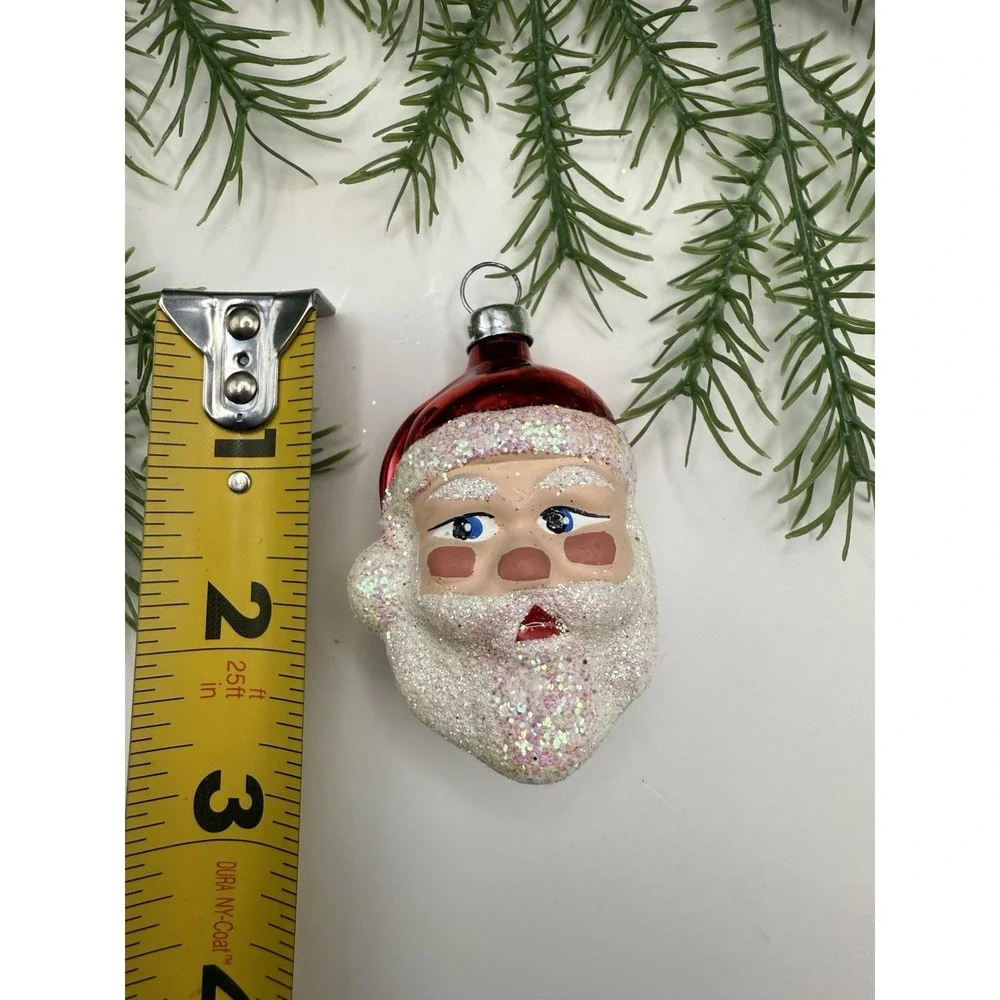 Polish Blown‎ Glass Santa Head Ornament Red Hat Iridescent Glitter 4.5